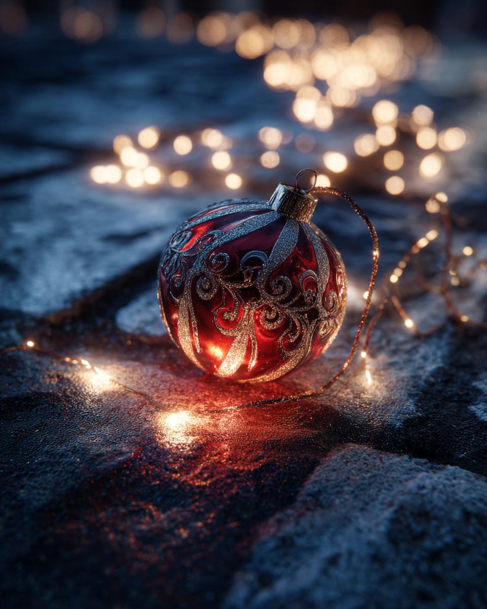 Close-up of a red, ornate Christmas ornament with glittery swirls, illuminated by warm fairy lights.