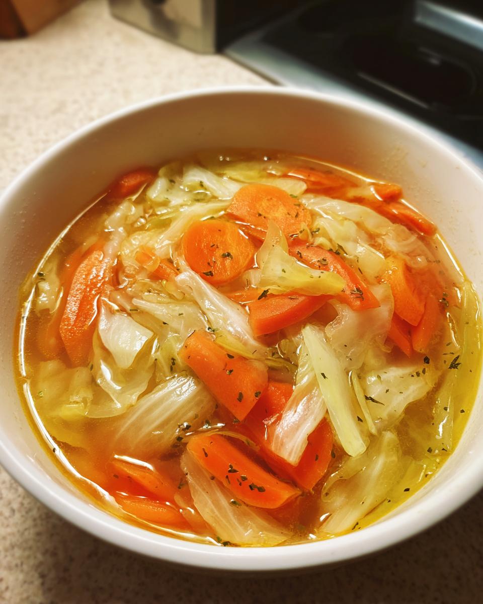 A bowl of Detox Cabbage & Carrot Soup with carrots, cabbage, and herbs.