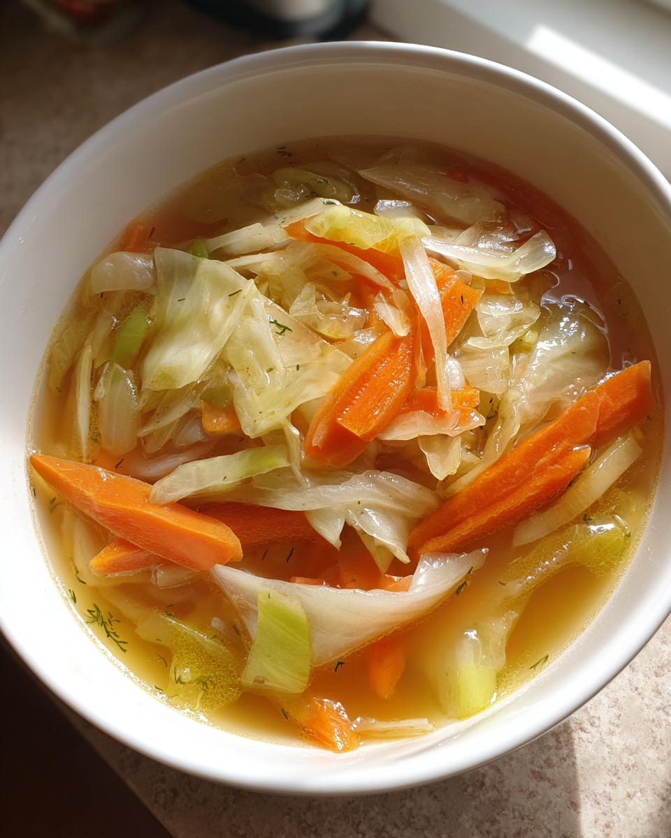 A bowl of Detox Cabbage & Carrot Soup, a healthy and light soup with cabbage, carrots, and broth.