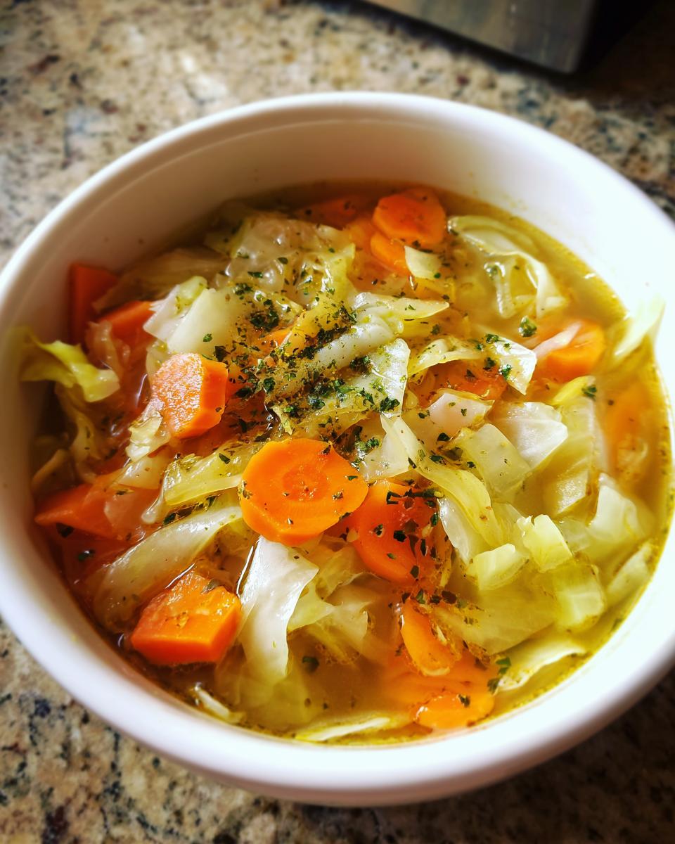 Close-up of a bowl of Detox Cabbage & Carrot Soup, with cabbage, carrots, and herbs.