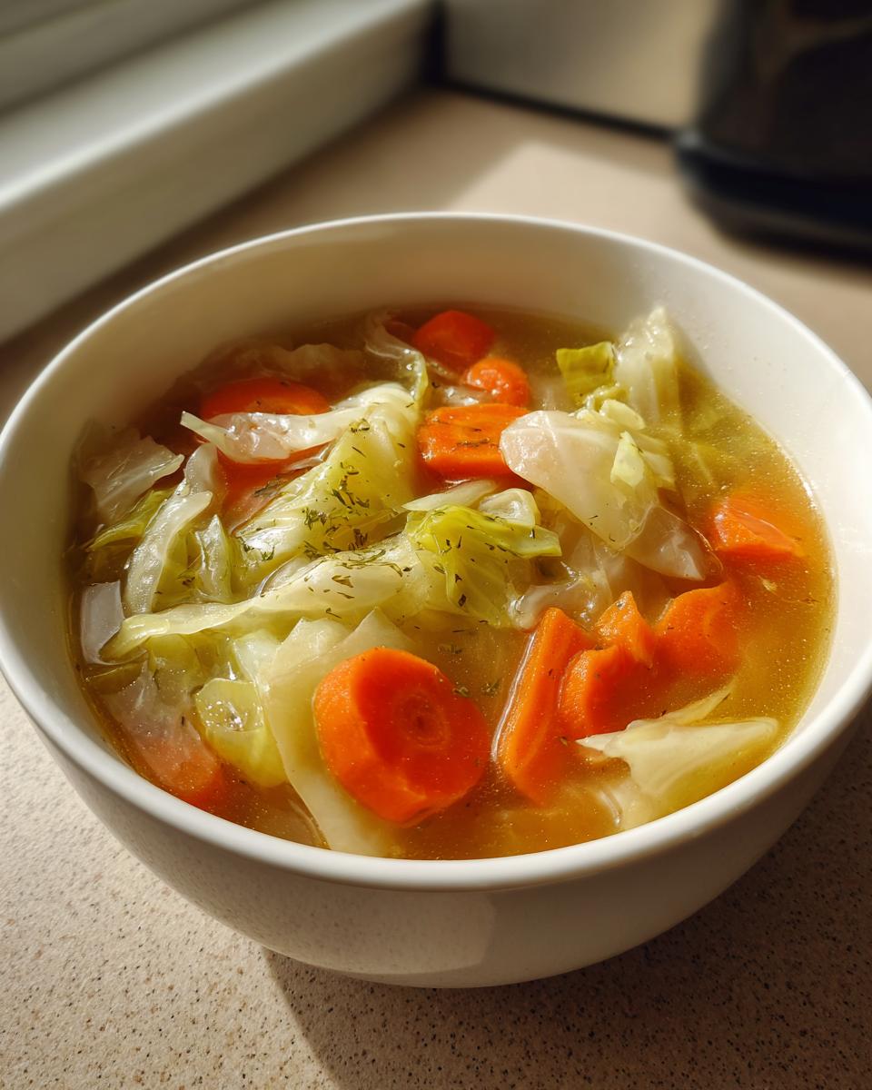Close-up of a bowl of Detox Cabbage & Carrot Soup, with carrots, cabbage, and broth.