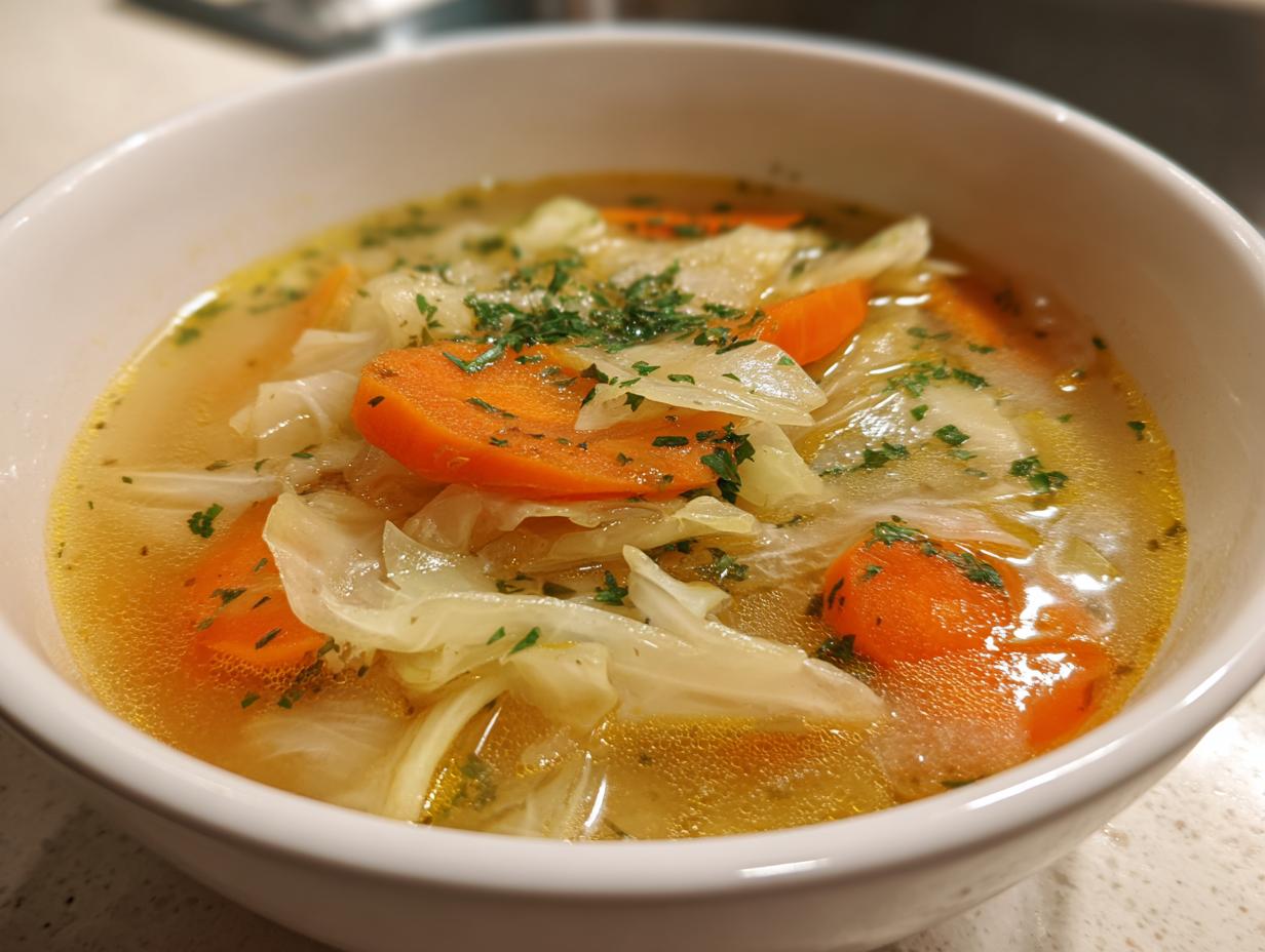 Close-up of a bowl of Detox Cabbage & Carrot Soup, with visible carrots, cabbage, and herbs.
