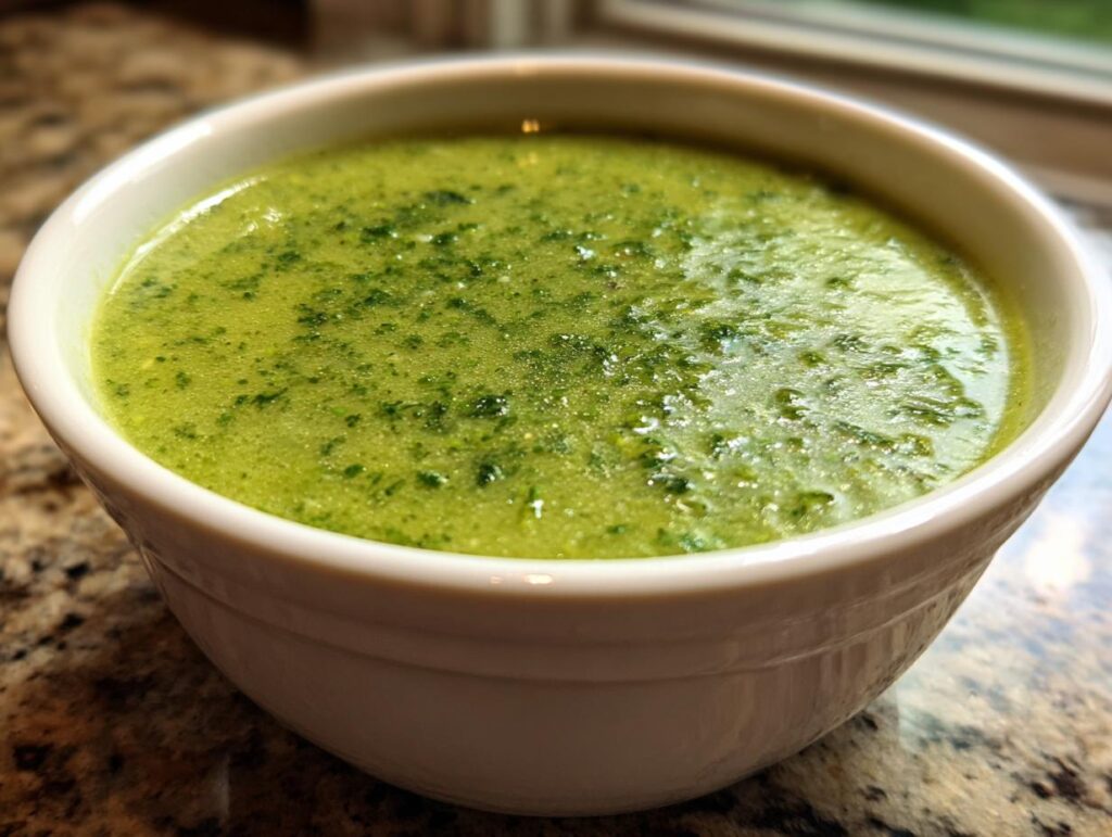 Close-up of a bowl filled with a vibrant Detox Green Vegetable Soup.