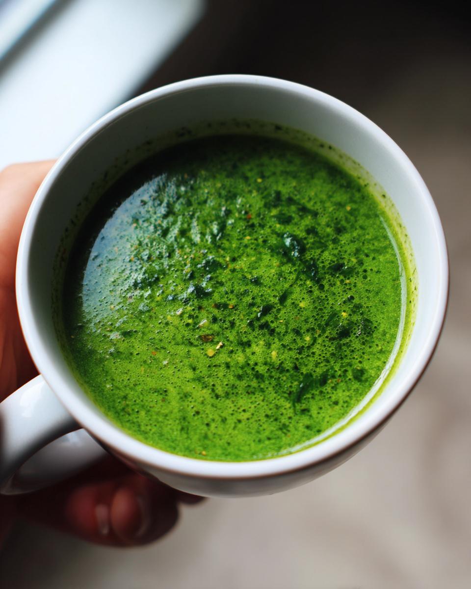 Close-up of a mug filled with Detox Green Vegetable Soup. A healthy and vibrant green soup.