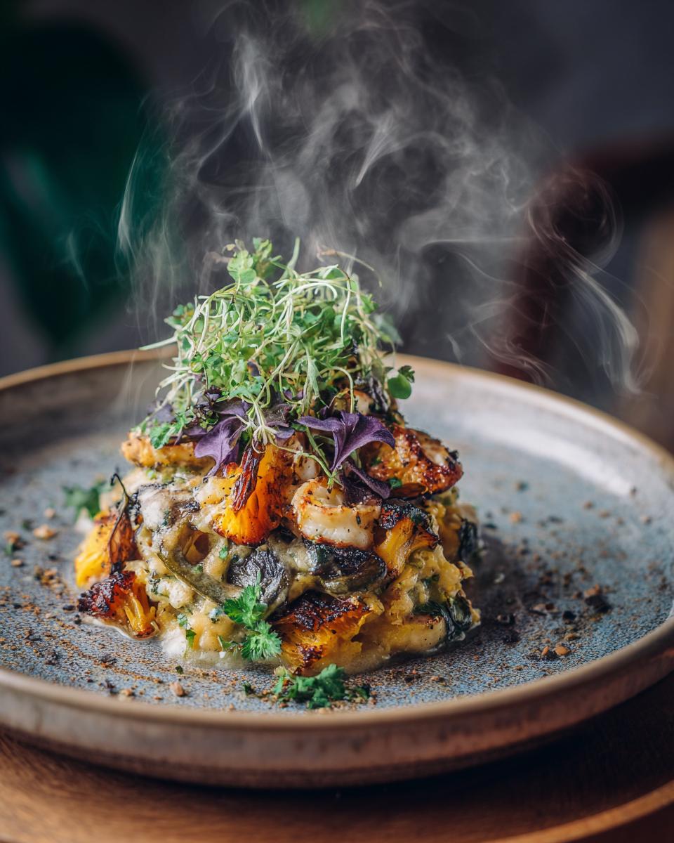 Close-up of a steaming gourmet dish with shrimp, vegetables, and microgreens, suggesting aromatherapy.