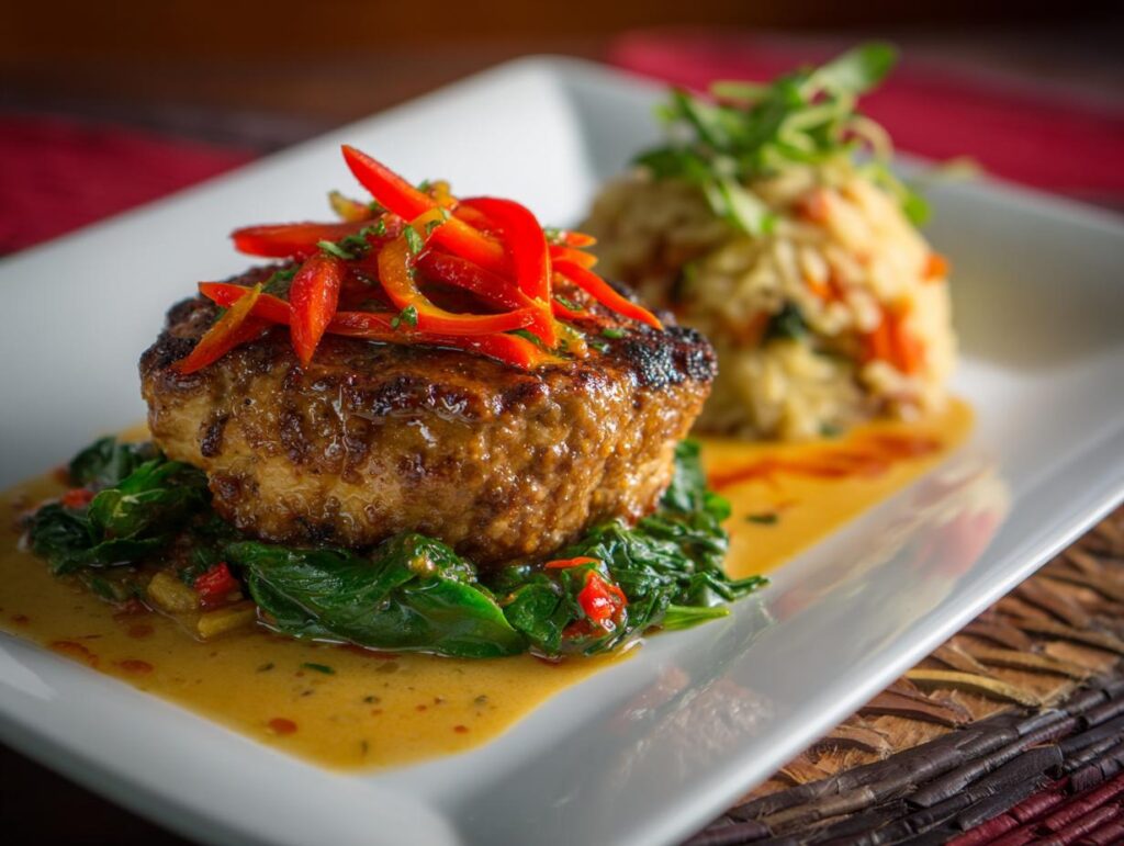 A beautifully plated dish featuring a gourmet burger topped with red peppers and served with a side of rice and greens.