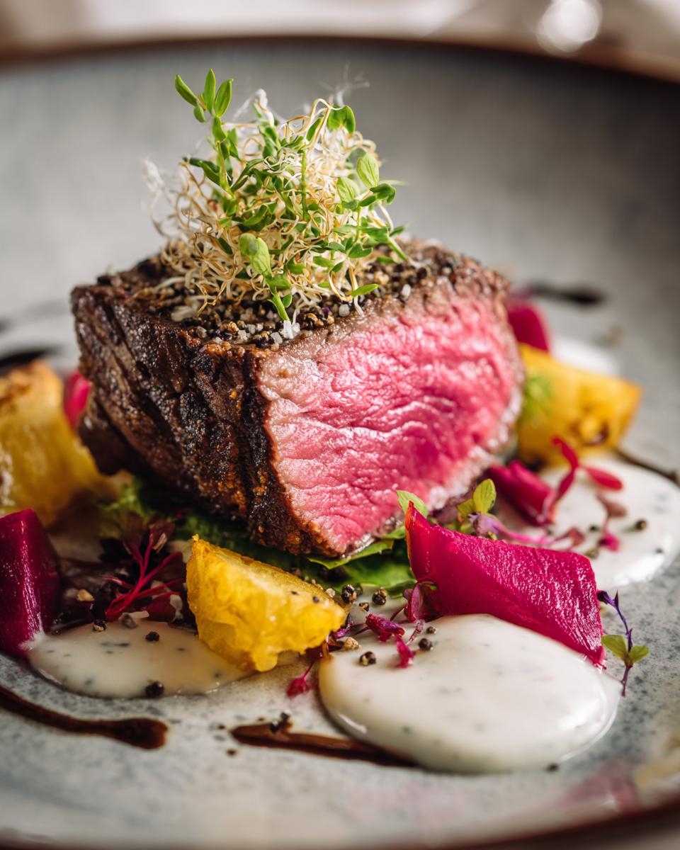 A beautifully plated steak with garnishes, representing a luxurious DIY candle gift.