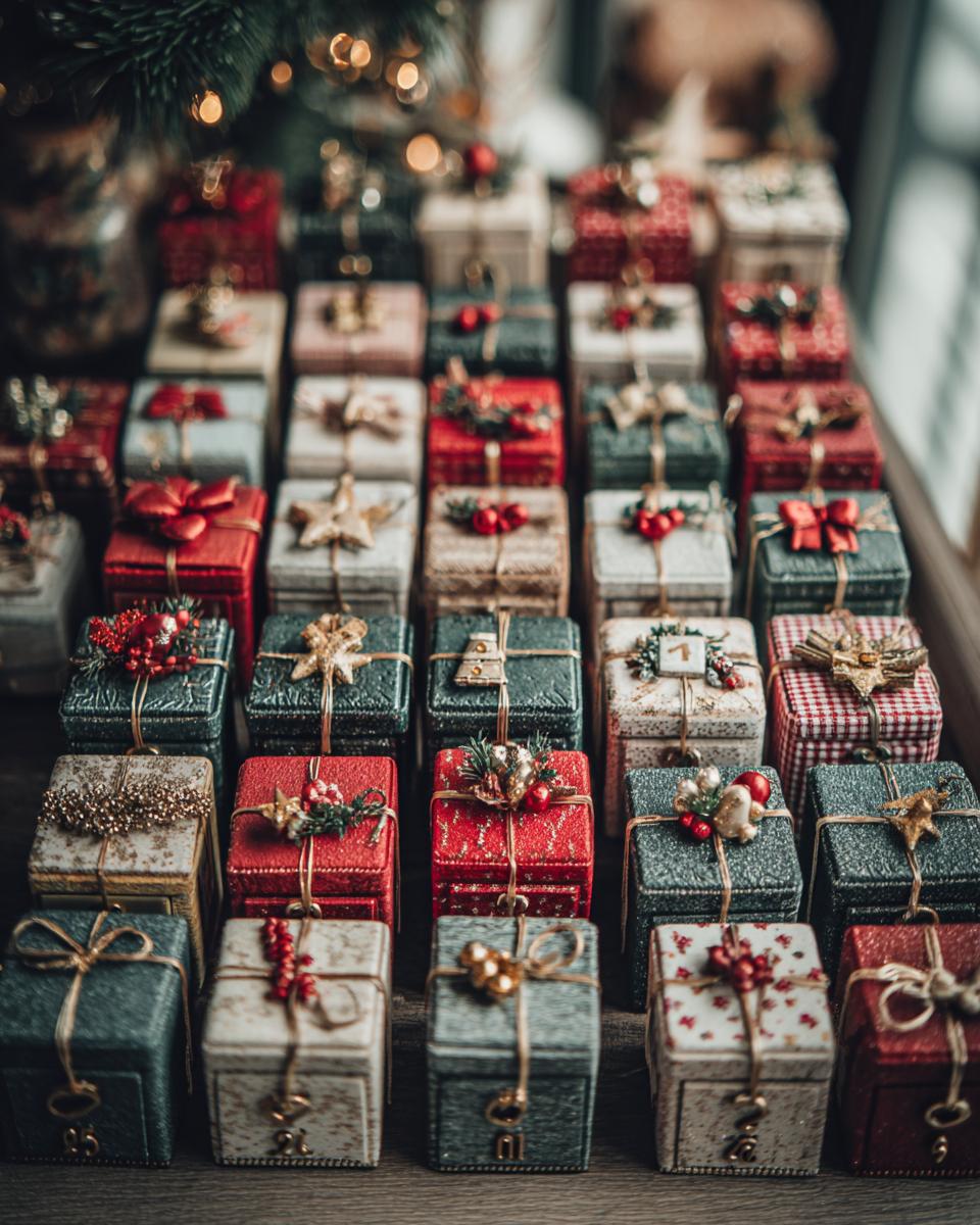 A collection of beautifully decorated small boxes for a DIY Christmas Advent Calendar, arranged in rows.