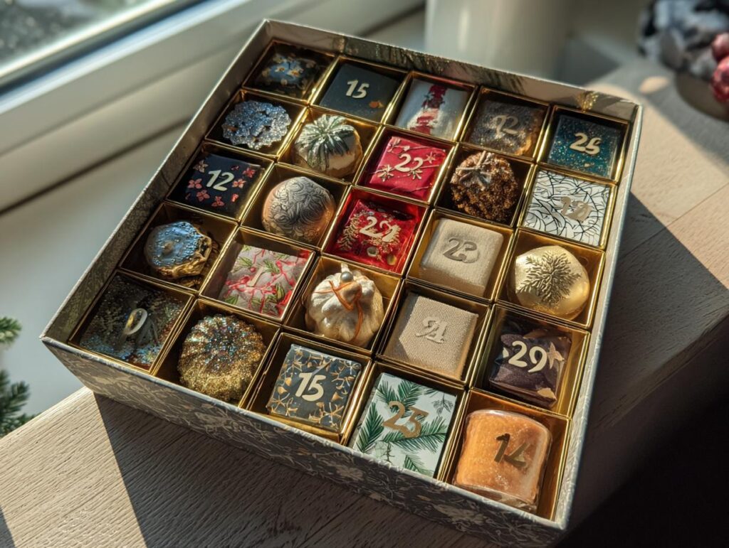 A beautifully arranged DIY Christmas Advent Calendar filled with individually wrapped chocolates, each marked with a number.