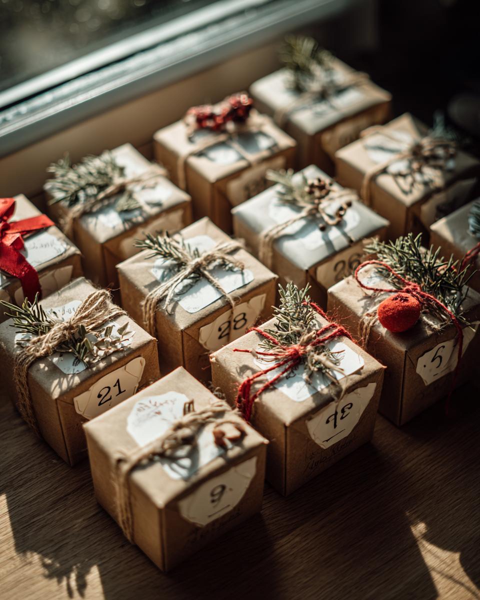 A collection of small, rustic DIY Christmas Advent Calendar gifts wrapped in brown paper and tied with twine and greenery.