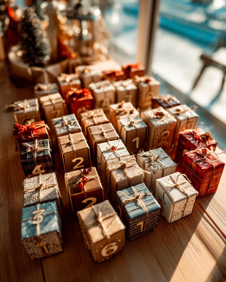 A collection of small, numbered gift boxes arranged as a DIY Christmas Advent Calendar.