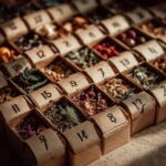 A close-up of a DIY Christmas Advent Calendar filled with small, numbered boxes containing various dried herbs, spices, and small trinkets.