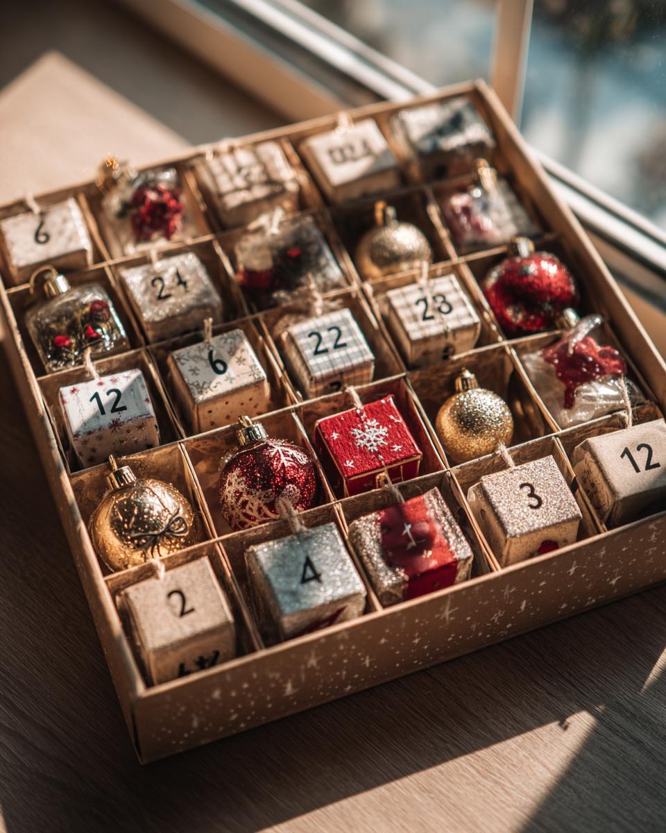 A DIY Christmas Advent Calendar filled with small ornaments and numbered boxes.