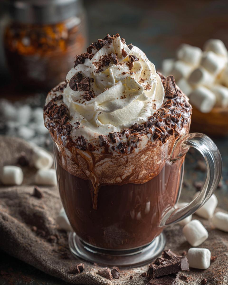 A rich, steaming mug of hot chocolate topped with whipped cream, chocolate shavings, and marshmallows, perfect for a DIY Hot Chocolate Bar Setup.