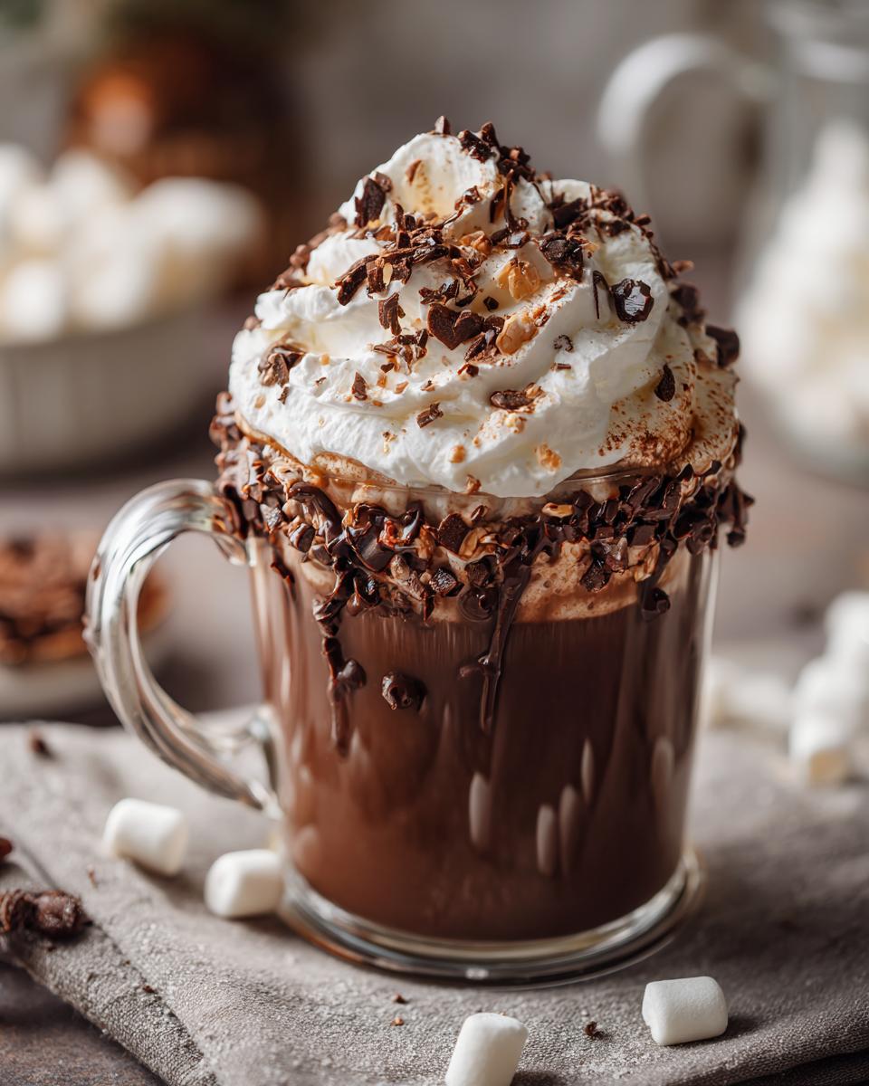 A rich, decadent mug of hot chocolate topped with whipped cream, chocolate shavings, and marshmallows, perfect for a DIY Hot Chocolate Bar Setup.