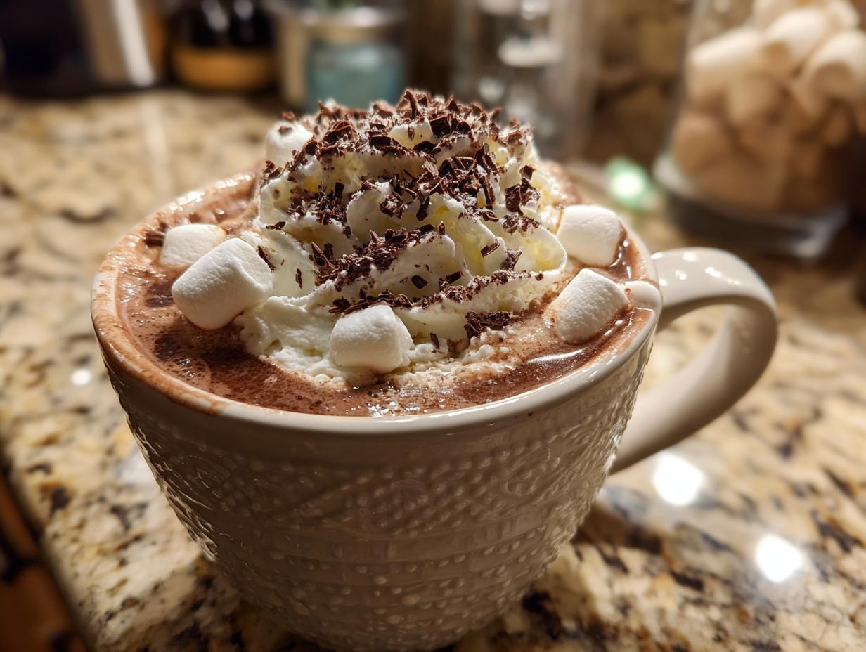 A close-up of a white mug filled with rich hot chocolate, topped with whipped cream, marshmallows, and chocolate shavings.
