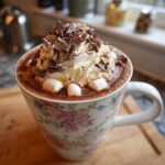 A delicious cup of hot chocolate topped with whipped cream, chocolate shavings, and marshmallows, perfect for a DIY Hot Chocolate Bar Setup.