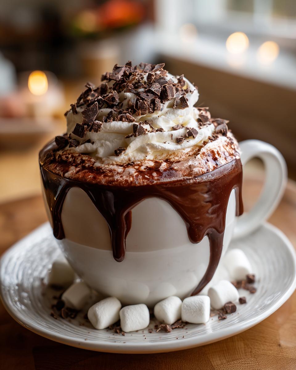 A mug of rich hot chocolate, topped with whipped cream, chocolate shavings, and marshmallows, perfect for a DIY Hot Chocolate Bar Setup.