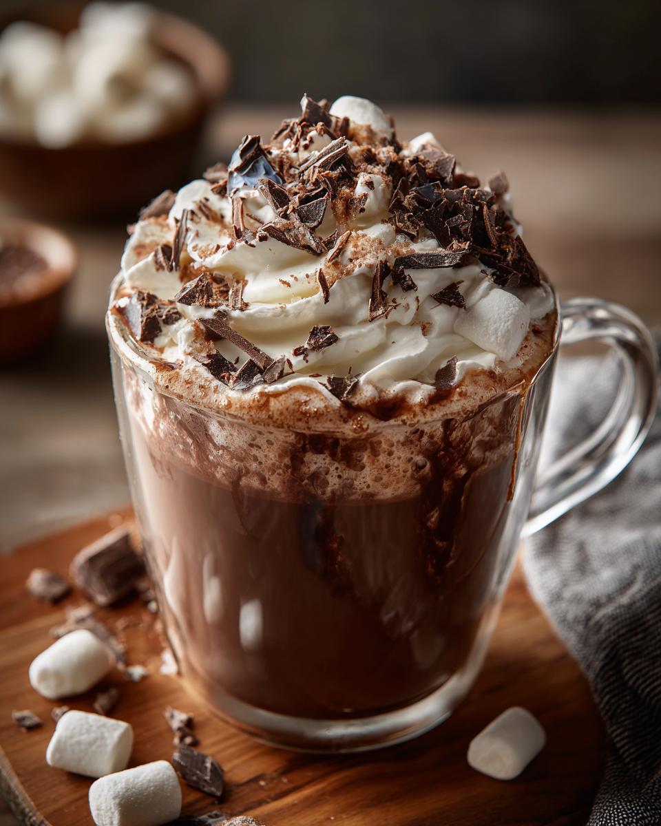 A rich and creamy hot chocolate topped with whipped cream, chocolate shavings, and marshmallows, perfect for a DIY Hot Chocolate Bar Setup.