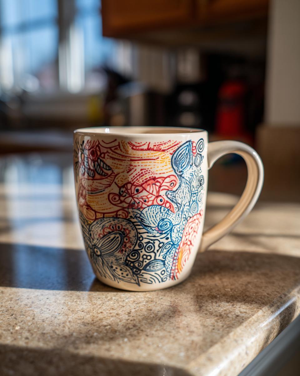 A close-up of a DIY personalized mug with intricate blue, red, and yellow designs, perfect for unique gift ideas.