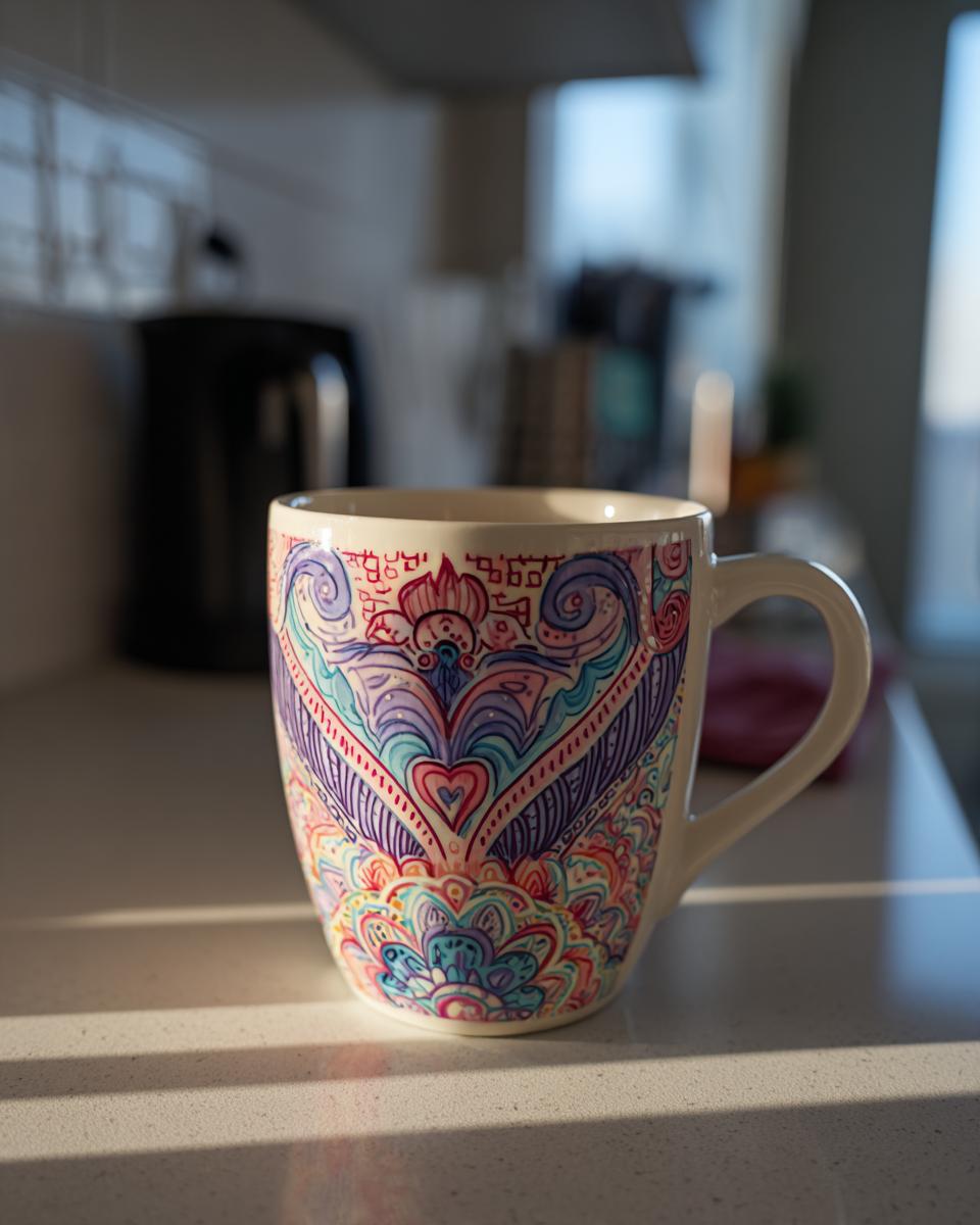 A close-up of a white mug decorated with a colorful, intricate, hand-drawn design, perfect for DIY personalized mug gifts.
