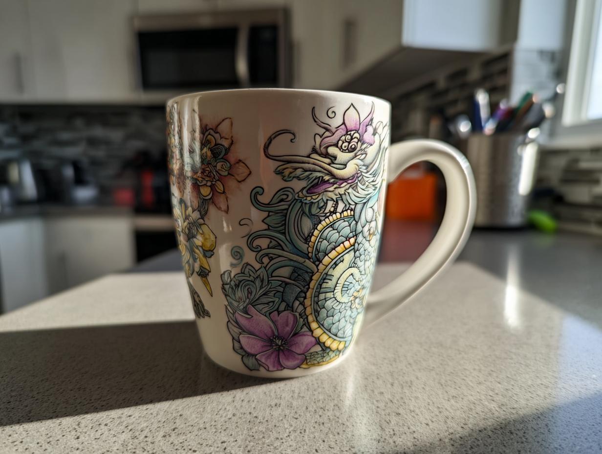 A white ceramic mug decorated with a colorful dragon and floral design, perfect for DIY personalized mug gifts.