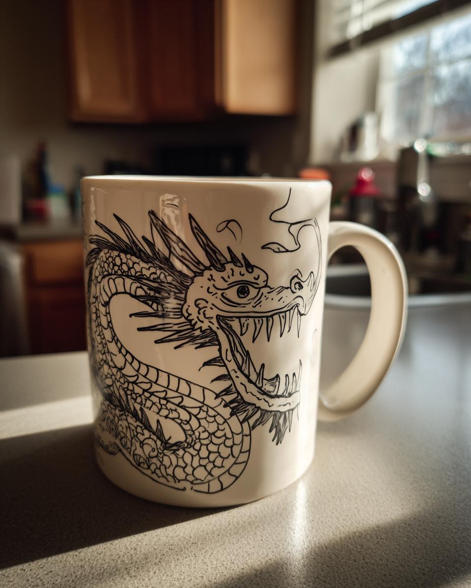 A white mug with a black dragon illustration, showcasing a unique DIY personalized mug gift.