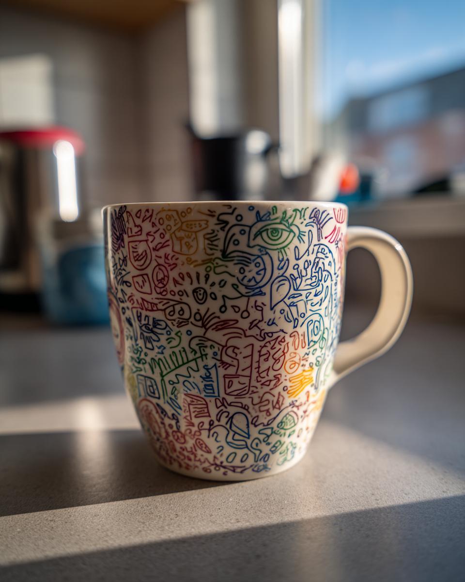 A white mug decorated with colorful, intricate doodles, showcasing a unique DIY personalized mug gift.