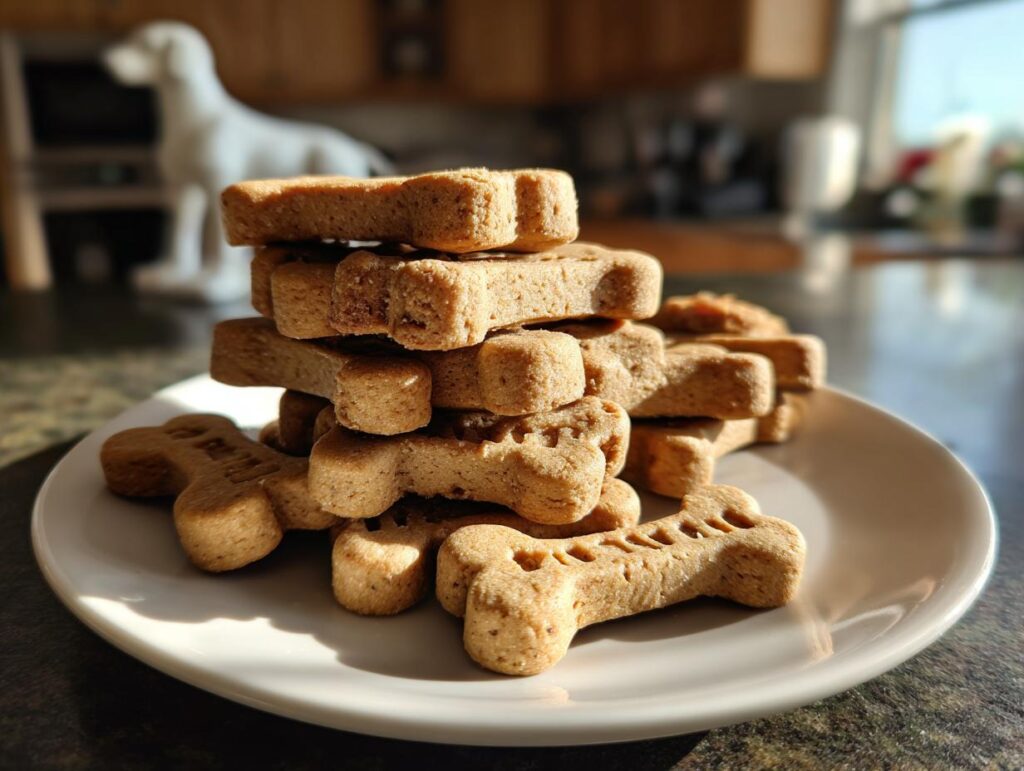A stack of homemade bone-shaped dog treats on a white plate, perfect for DIY Pet Treat Gifts for Dog Lovers.