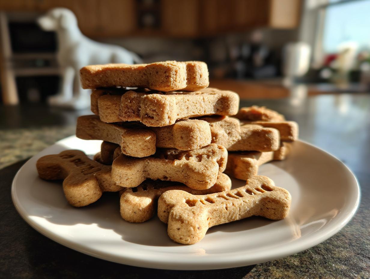 A stack of homemade bone-shaped dog treats on a white plate, perfect for DIY Pet Treat Gifts for Dog Lovers.