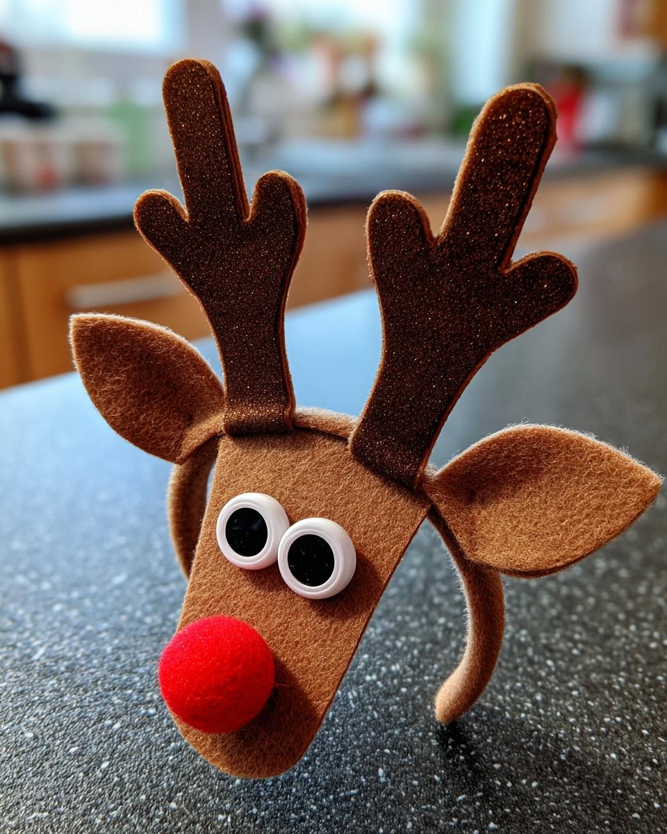 A cute DIY reindeer headband for kids, featuring brown felt antlers, googly eyes, and a red pom-pom nose.
