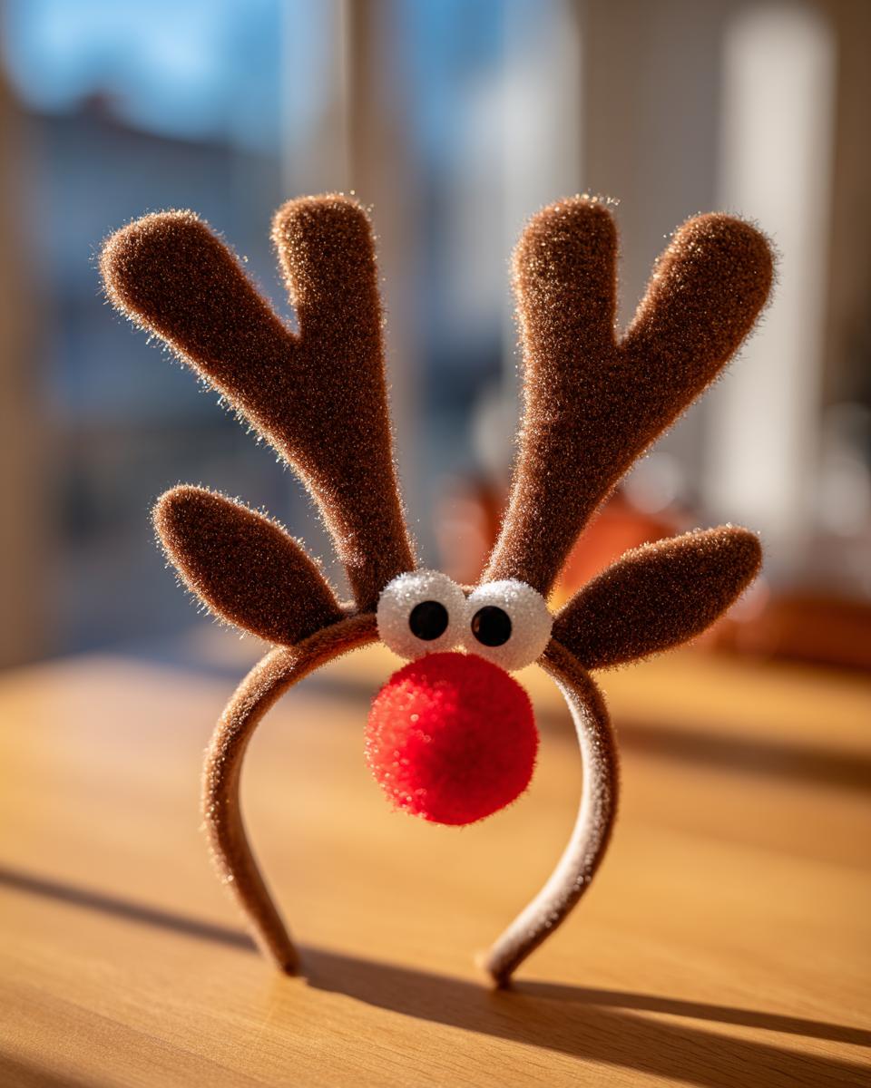 A close-up of a cute DIY reindeer headband for kids, featuring fuzzy antlers, googly eyes, and a red pom-pom nose.