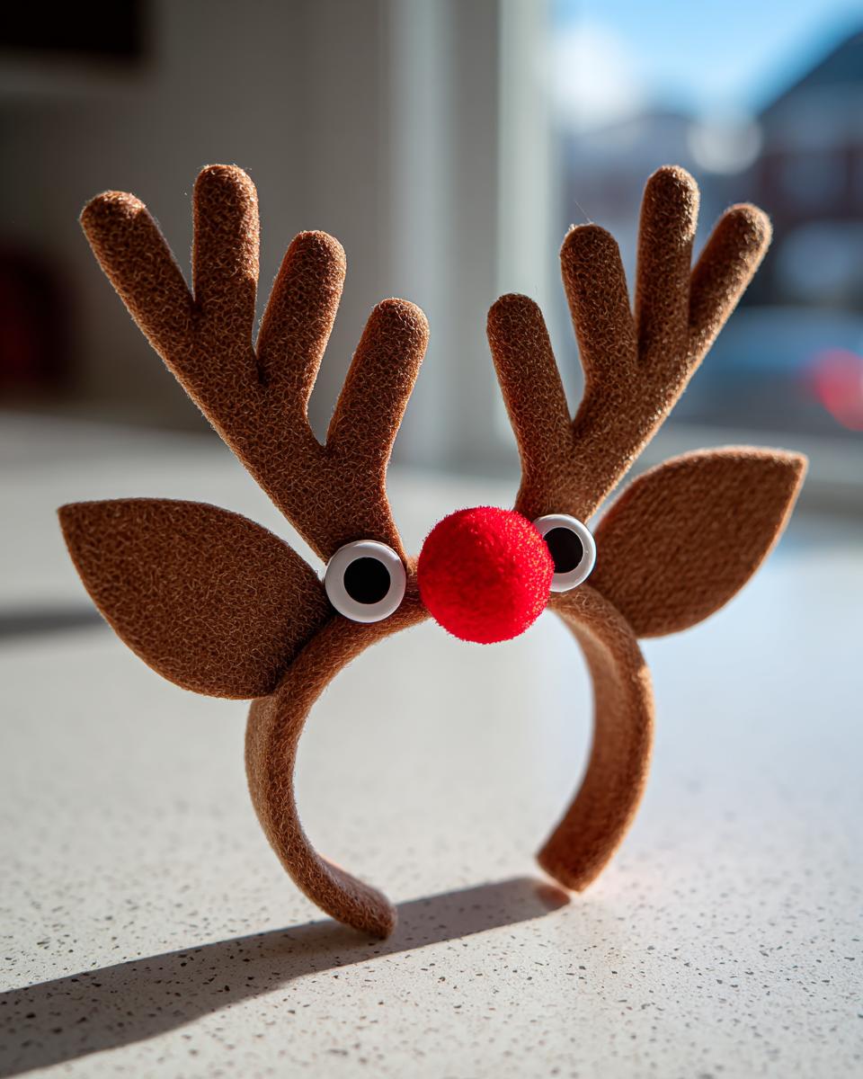 A cute DIY reindeer headband for kids with brown antlers, googly eyes, and a red pom-pom nose.