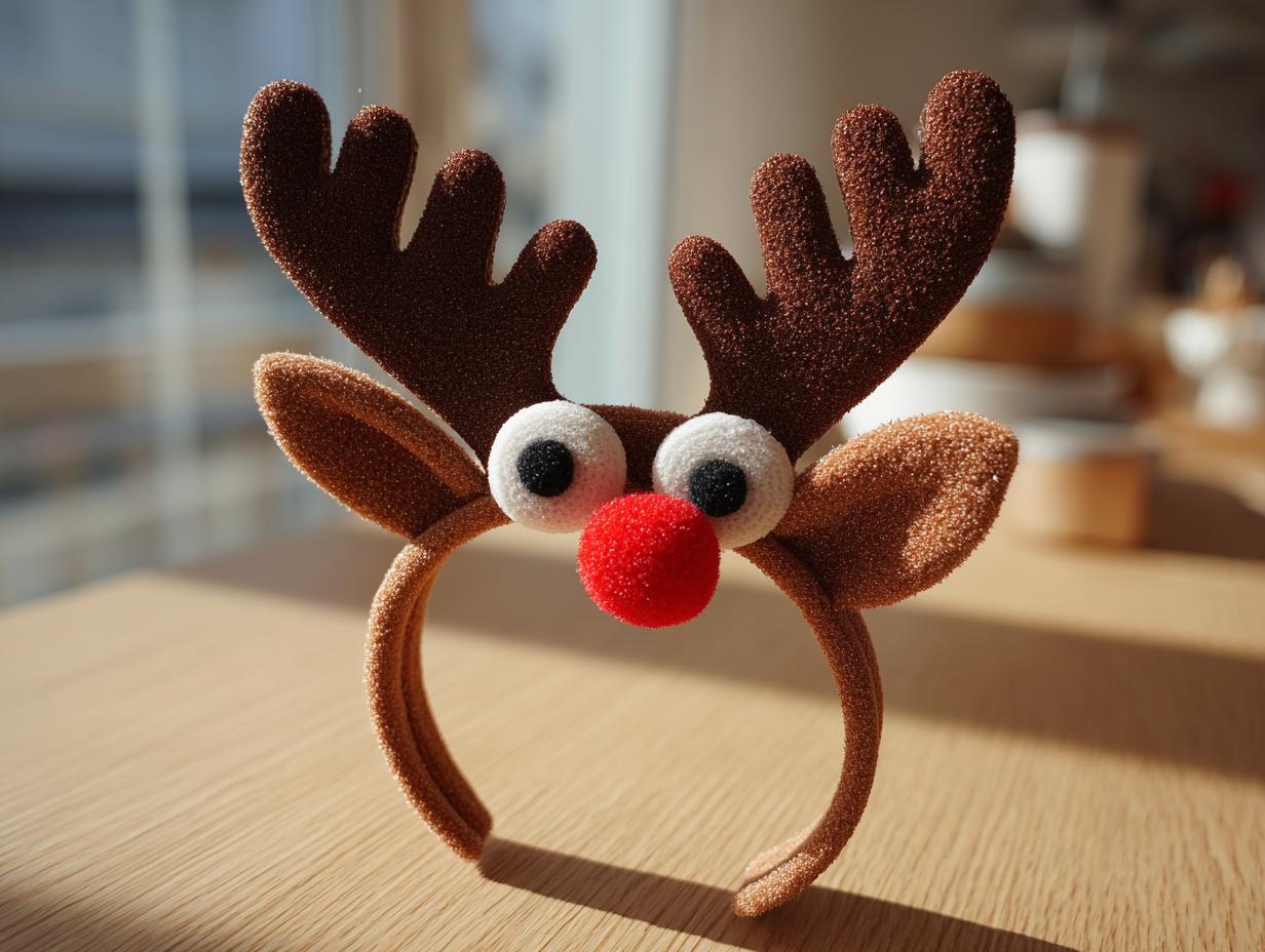 Close-up of a cute DIY reindeer headband for kids, featuring glittery antlers, fuzzy ears, googly eyes, and a red pom-pom nose.