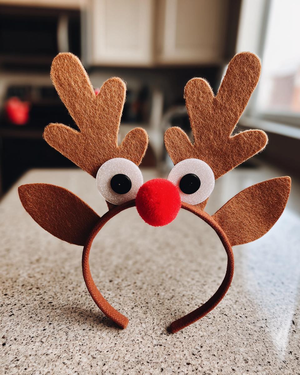 Close-up of a cute DIY reindeer headband for kids, featuring felt antlers, googly eyes, and a red pom-pom nose.