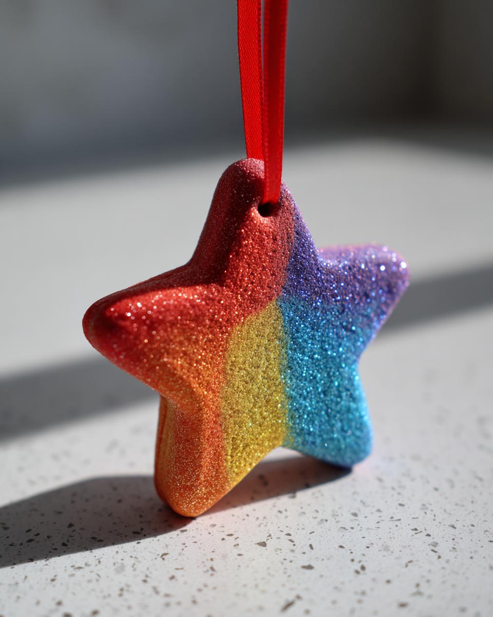 A sparkly rainbow-colored star-shaped DIY salt dough ornament hanging by a red ribbon.