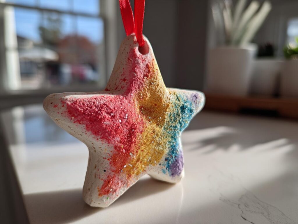 A colorful DIY salt dough ornament shaped like a star, decorated with rainbow colors and glitter, hanging by a red ribbon.