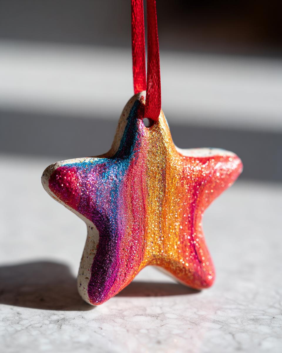 A colorful and glittery DIY salt dough ornament in the shape of a star, hanging from a red ribbon.