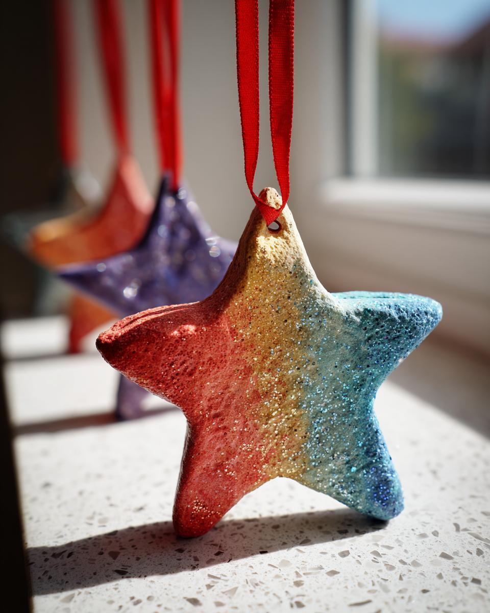 Close-up of a DIY salt dough ornament shaped like a star, painted in a rainbow gradient and covered in glitter, hanging with a red ribbon.