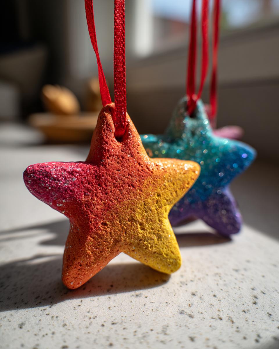 Close-up of DIY salt dough ornaments for kids, shaped like stars and painted in rainbow colors with glitter.