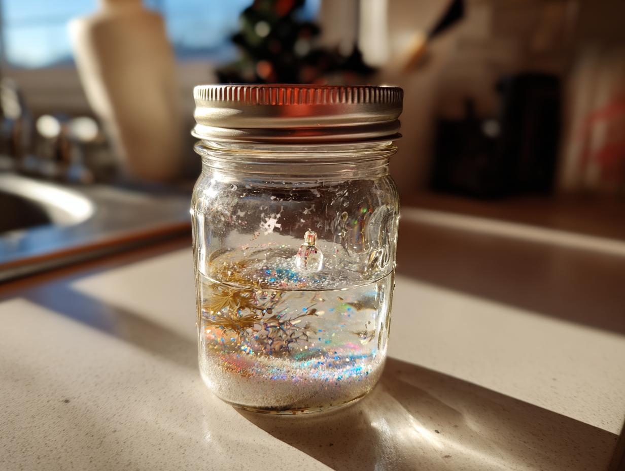 A close-up of a DIY snow globe jar filled with water, glitter, and small decorative elements.
