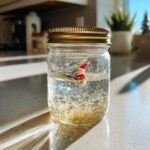 A DIY snow globe jar featuring a tiny Santa figurine, a sprig of greenery, and shimmering glitter in water.