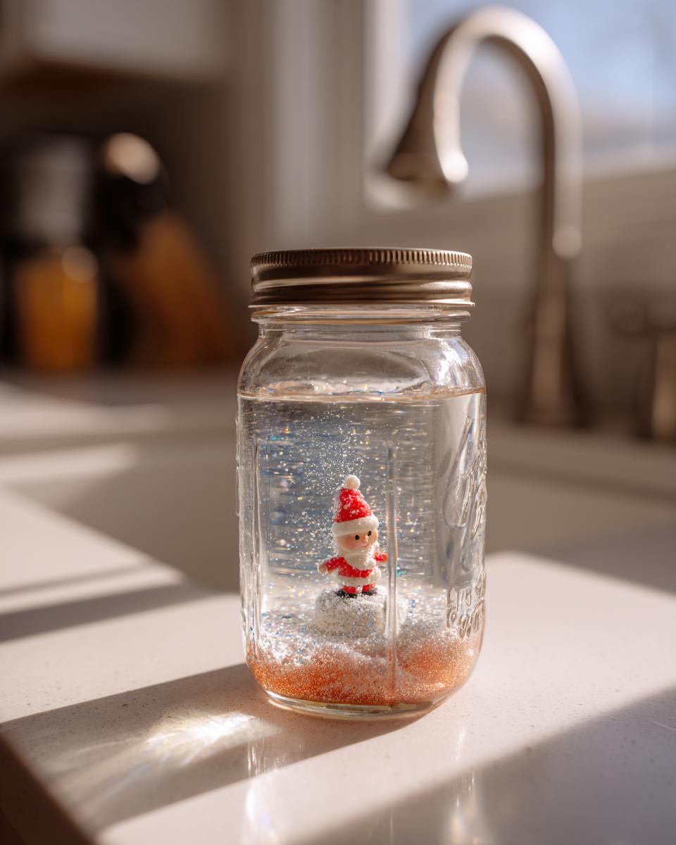 A festive DIY snow globe jar featuring a miniature Santa Claus figure surrounded by glitter and faux snow.