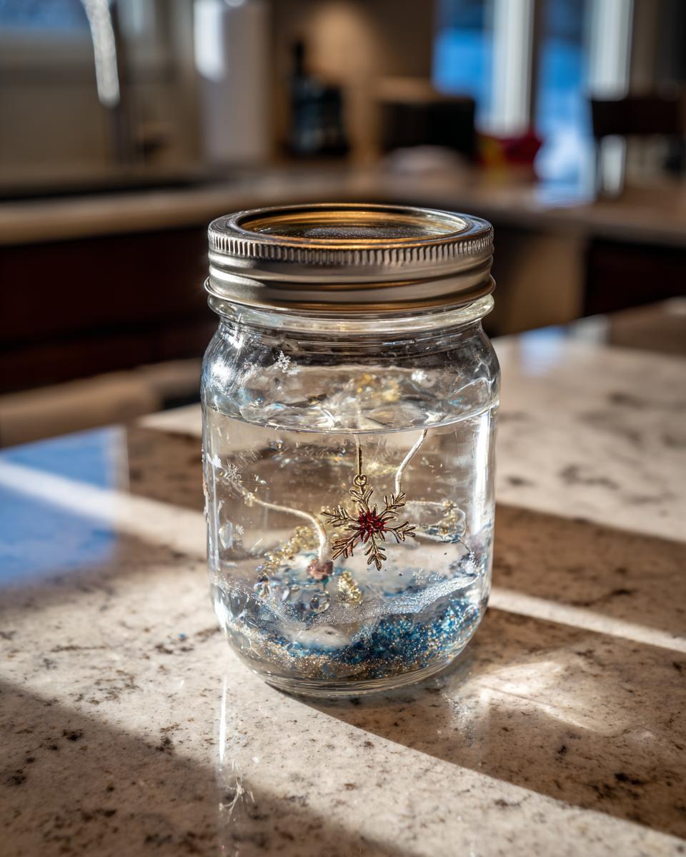 A finished DIY snow globe jar filled with water, glitter, and a snowflake charm hanging inside.