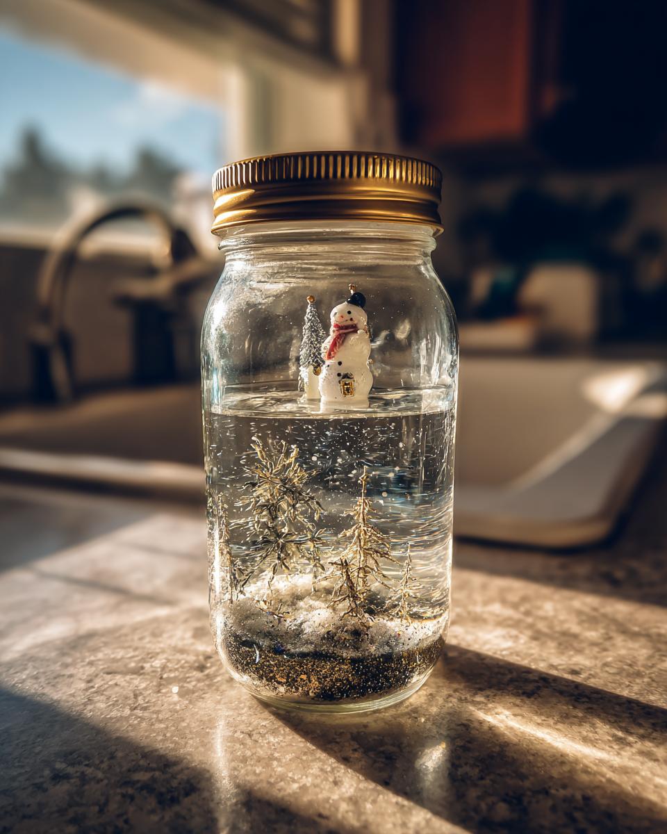A festive DIY snow globe jar featuring a miniature snowman, a small Christmas tree, and glittery snow.