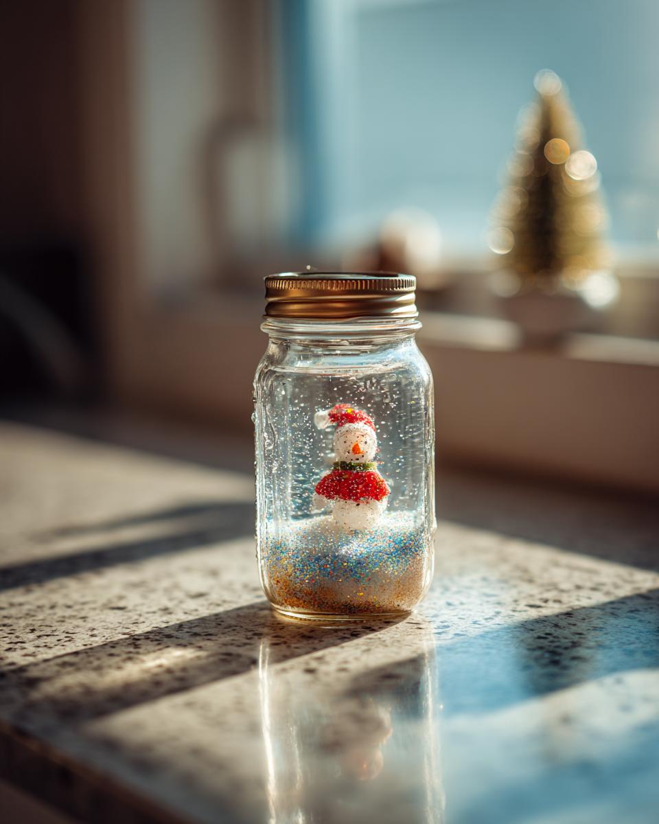 A charming DIY snow globe jar featuring a mini snowman with a red hat and scarf, surrounded by glitter.