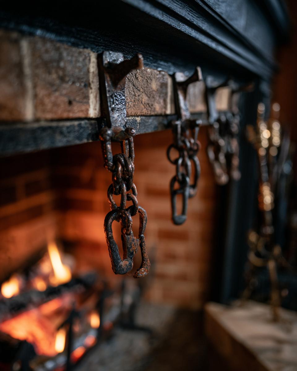 Close-up of rustic, DIY stocking hangers made of chains attached to a fireplace mantel, with a fire burning in the background.
