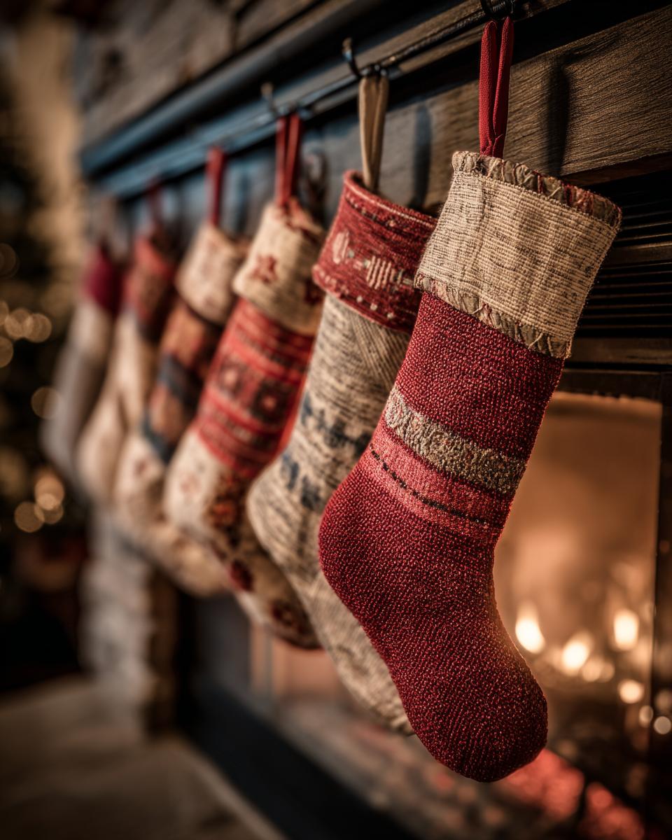Row of festive Christmas stockings hanging from DIY stocking hangers above a fireplace.