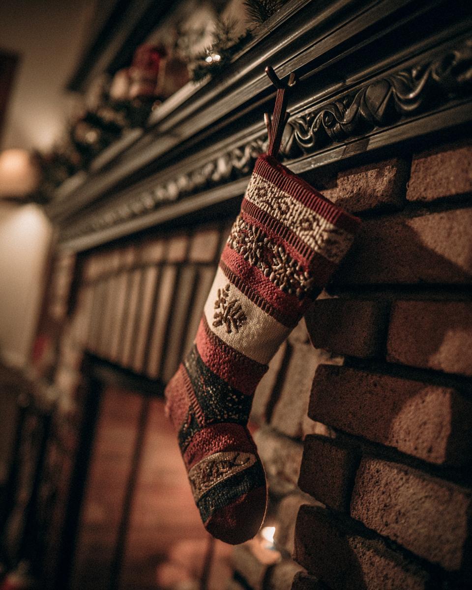 A festive, patterned Christmas stocking hangs from a DIY stocking hanger on a brick fireplace mantel.