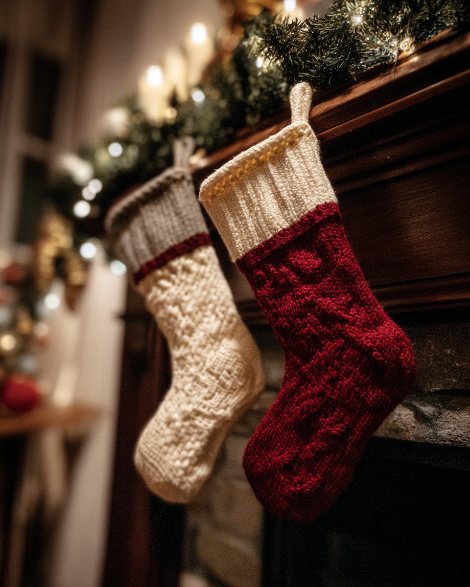 Two festive knitted stockings hanging on a fireplace mantel, part of DIY Stocking Hangers for Fireplace.